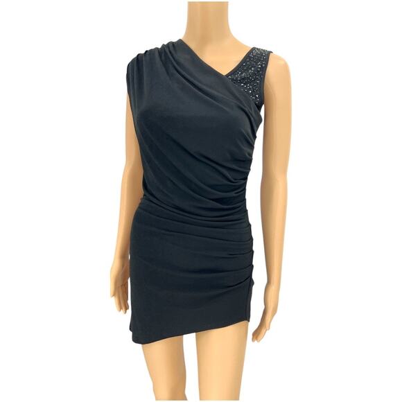 American VINTAGE Cache XS Black Asymmetrical Sheath Mini Dress Rhinestone Ruche - Picture 1 of 12